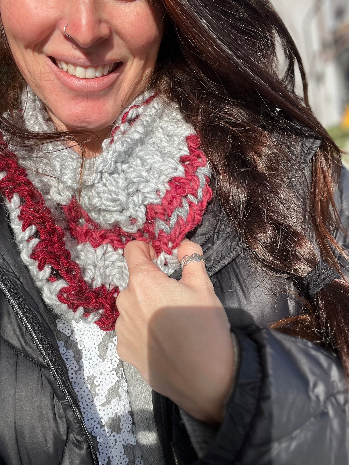 Hand Knit Winter Cowl, Burgundy and Gray