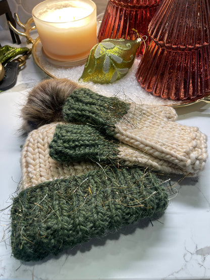 Winter Hat, Green & Ivory with gold eyelash accent
