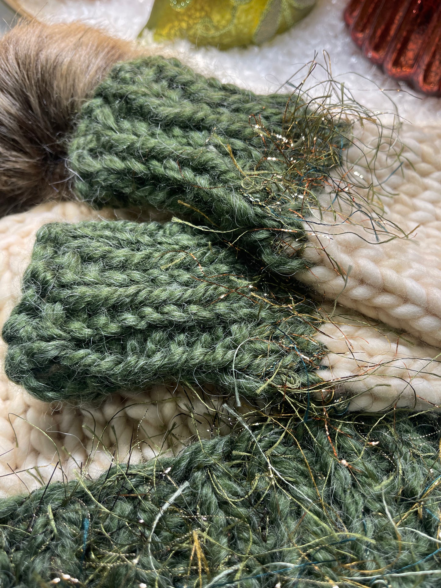 Fingerless Gloves, Hand Knit, Green with gold eyelash accent at wrist