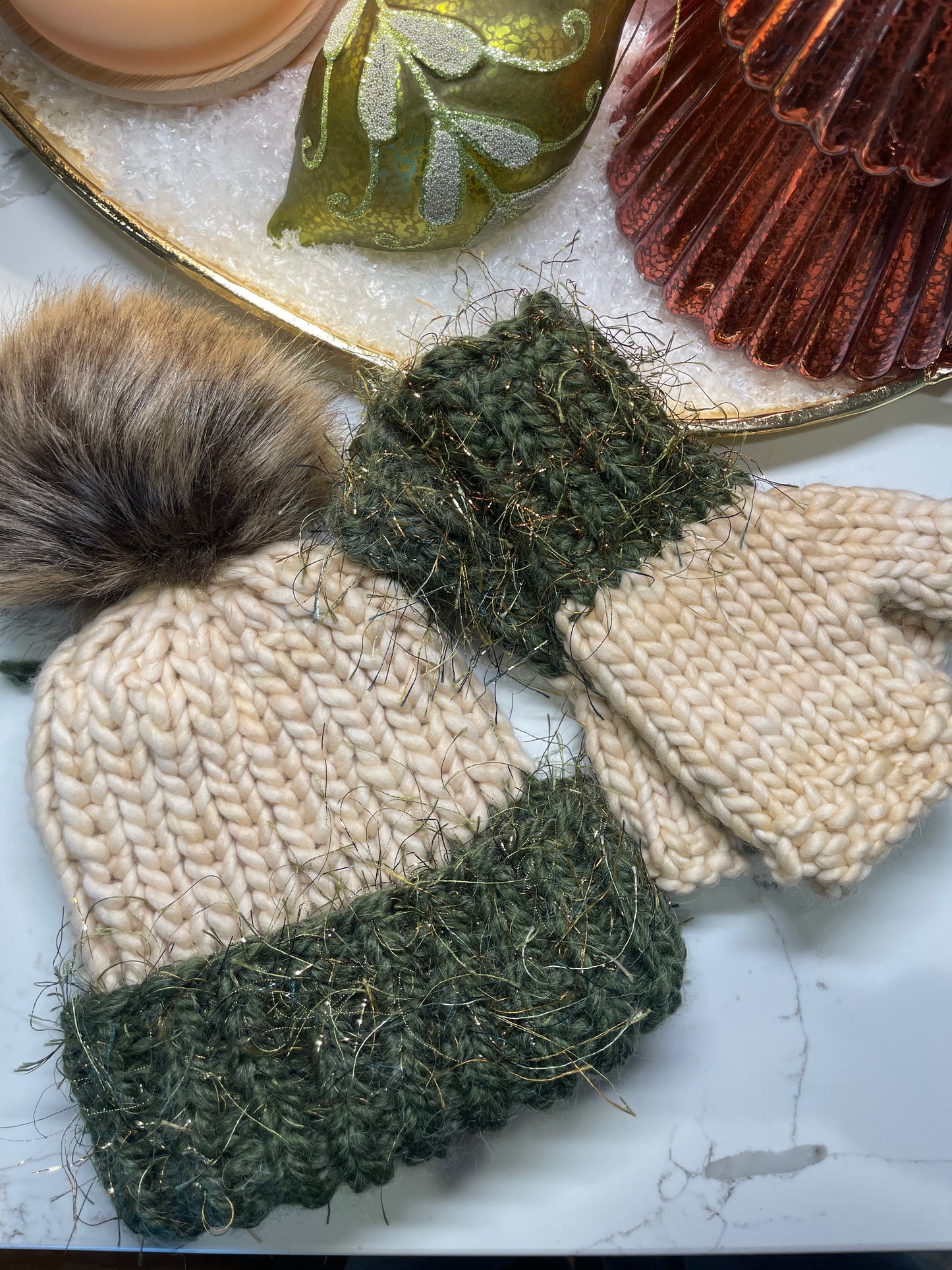 Winter Hat, Green & Ivory with gold eyelash accent