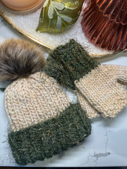 Winter Hat, Green & Ivory with gold eyelash accent
