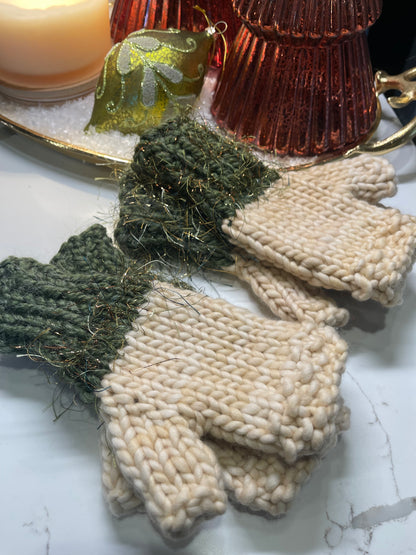 Fingerless Gloves, Hand Knit, Green with gold eyelash cuff