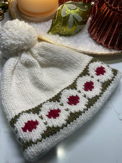 Winter Hat, White, Red & Green, Double Brim with Pom Pom