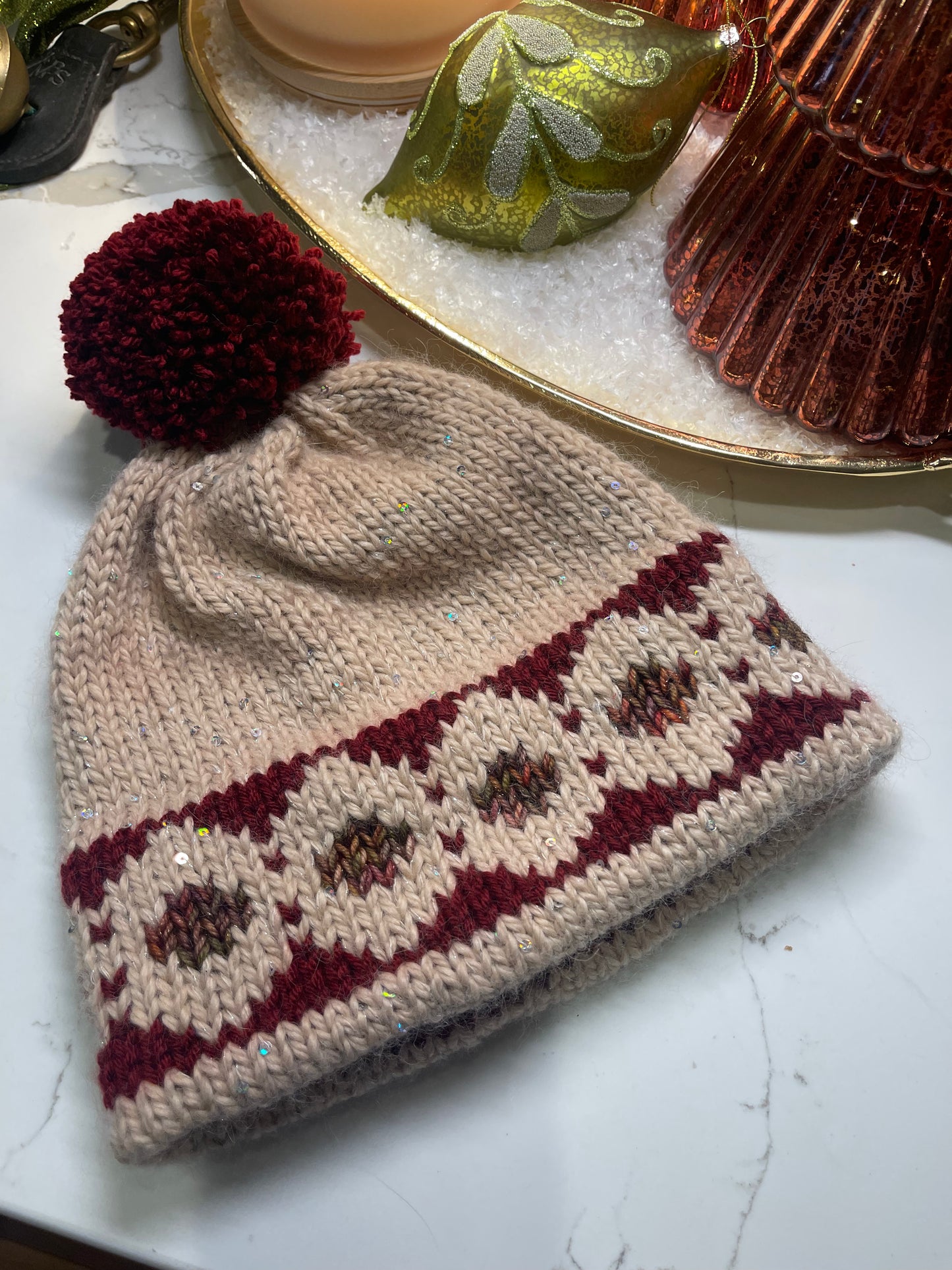 Winter Hat, Handknit, Tan Baby Alpaca with sequins and yarn pom-pom