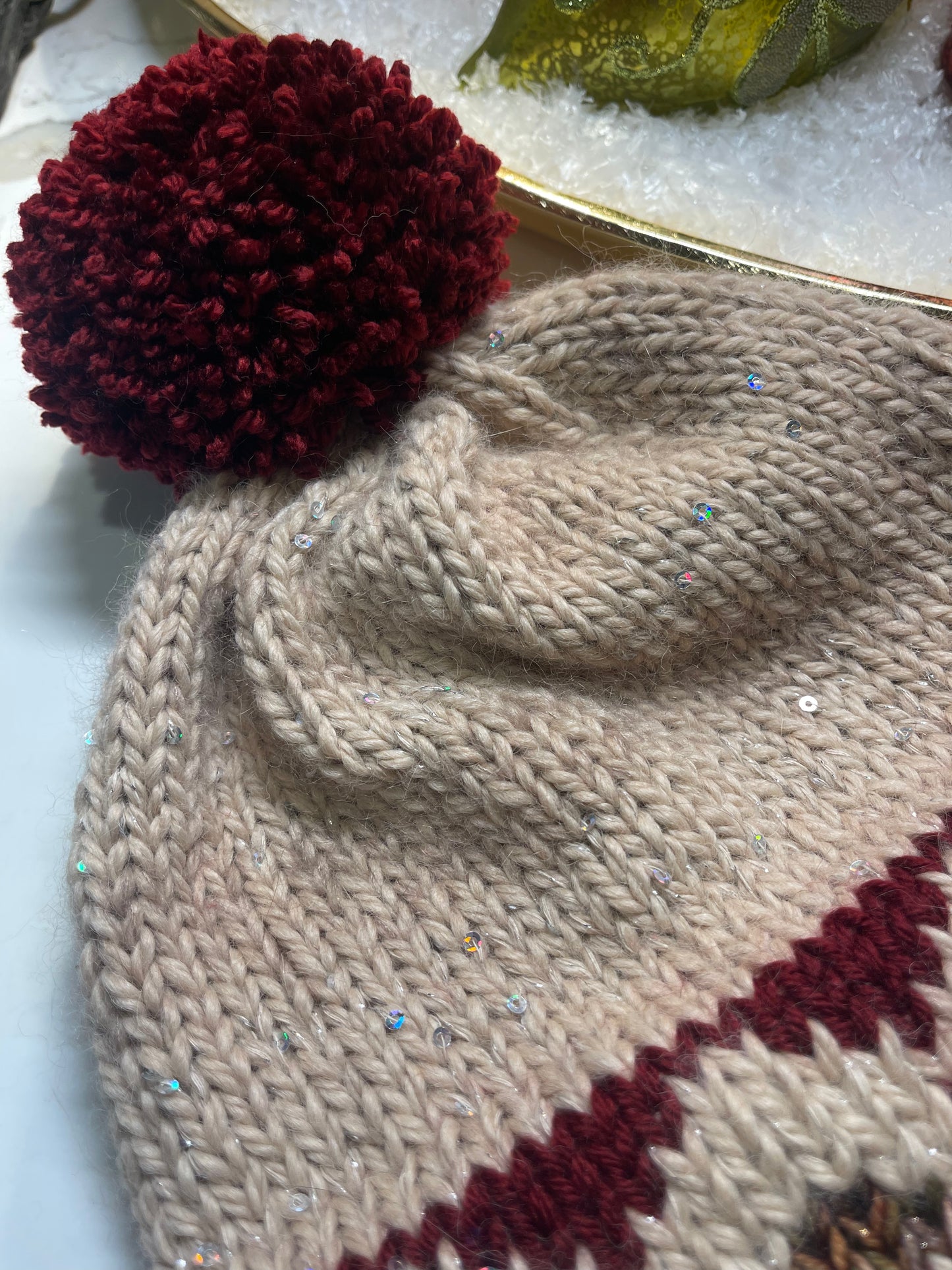 Winter Hat, Handknit, Tan Baby Alpaca with sequins and yarn pom-pom