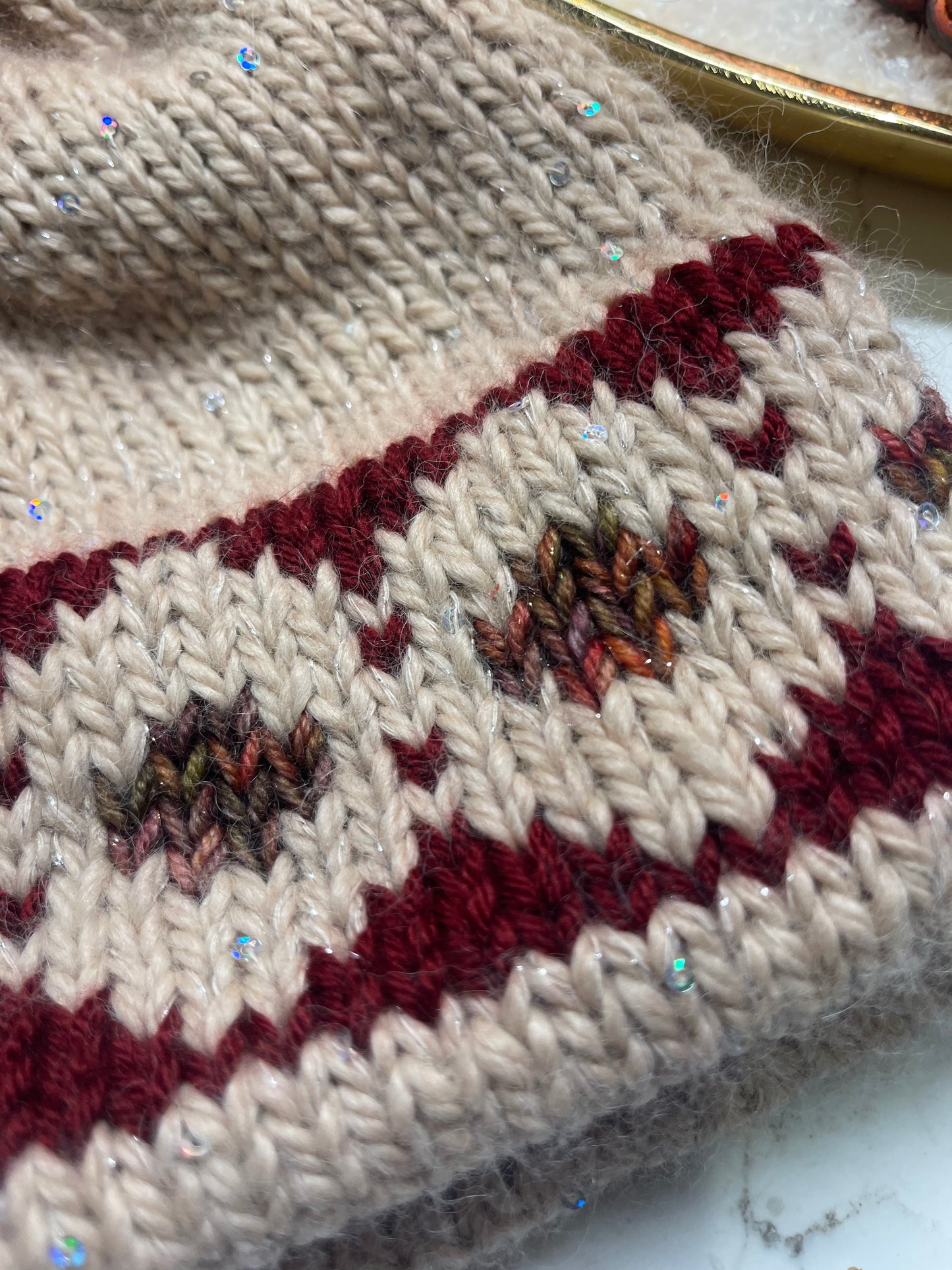 Winter Hat, Handknit, Tan Baby Alpaca with sequins and yarn pom-pom