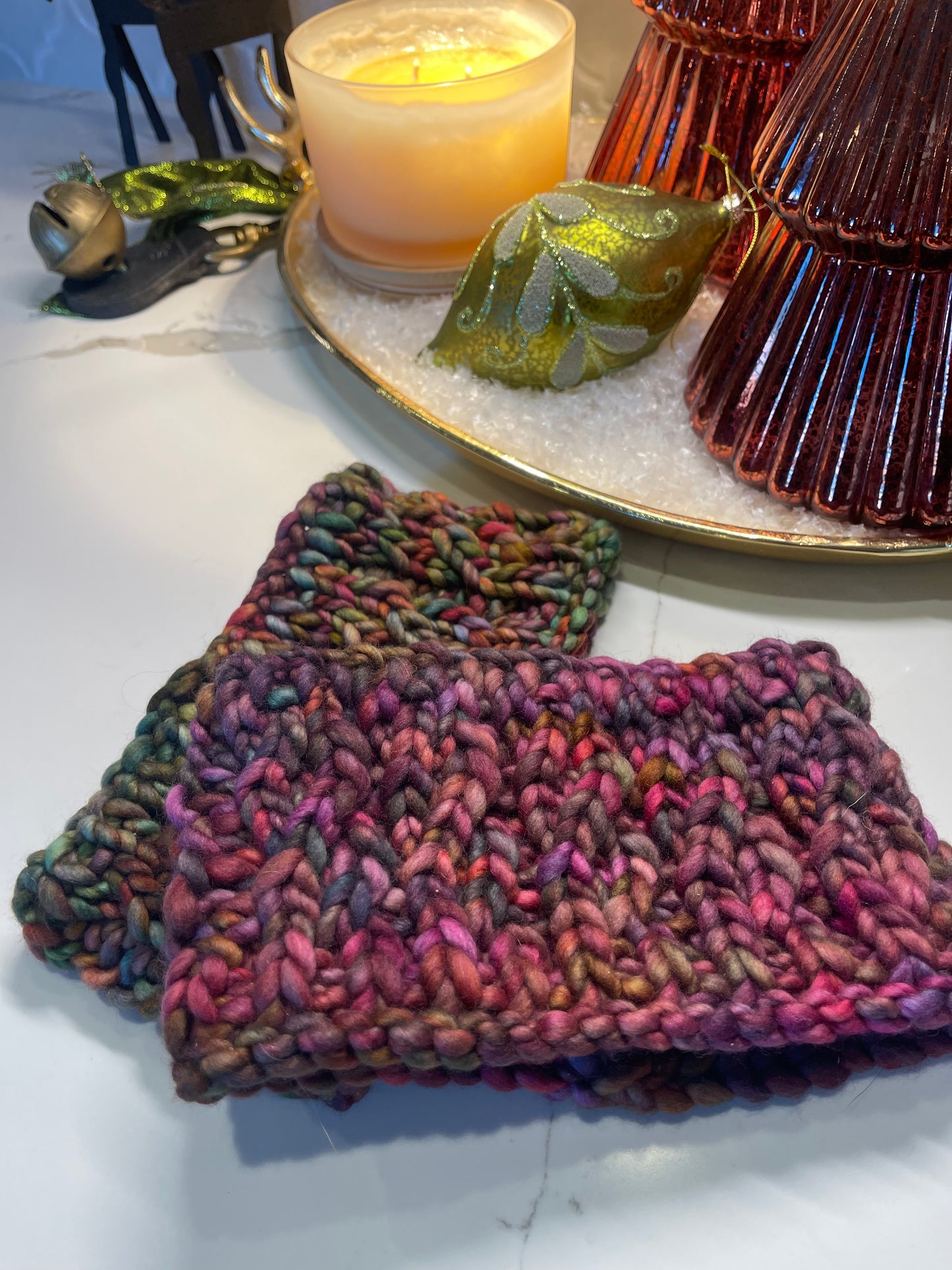 Winter Headband, Hand Knit, Pinks, Purples, Blue Multi-Colored Twist