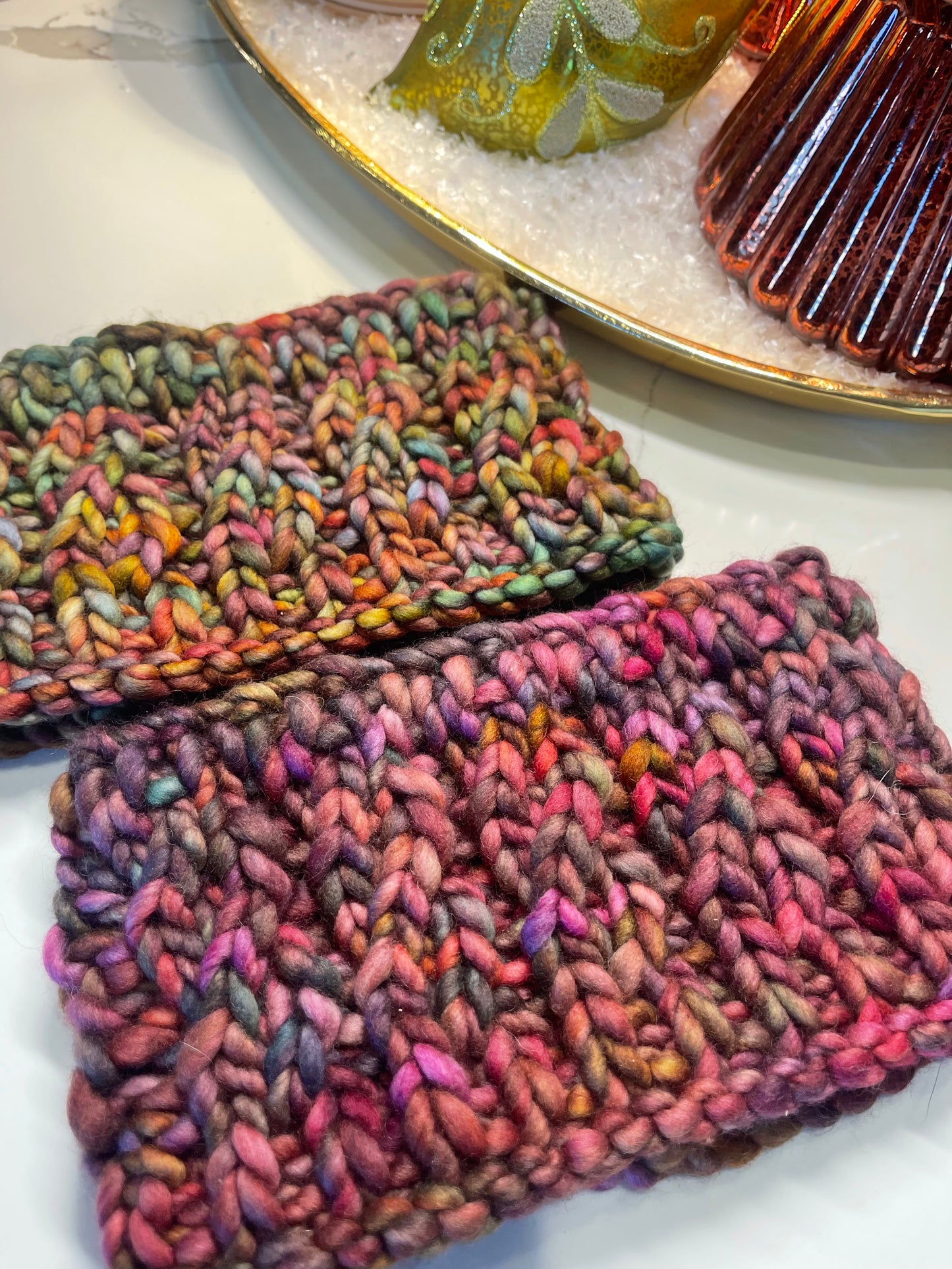 Winter Headband, Hand Knit, Pinks, Purples, Blue Multi-Colored Twist