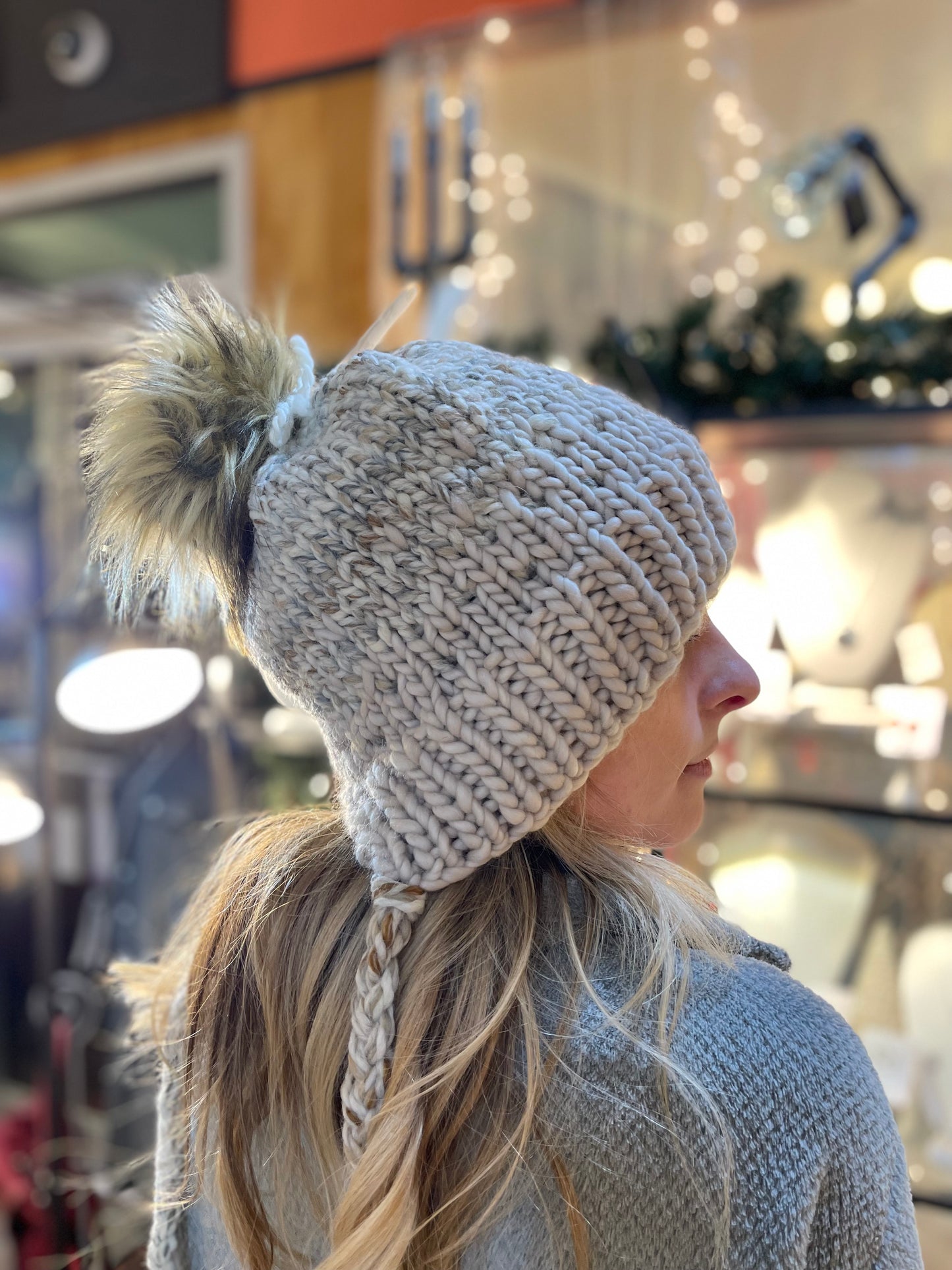 Winter Hat, Hand Knit Ski Hat with Faux Fur Pom Pom & Braided Ties