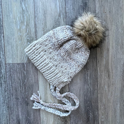 Winter Hat, Hand Knit Ski Hat with Faux Fur Pom Pom & Braided Ties