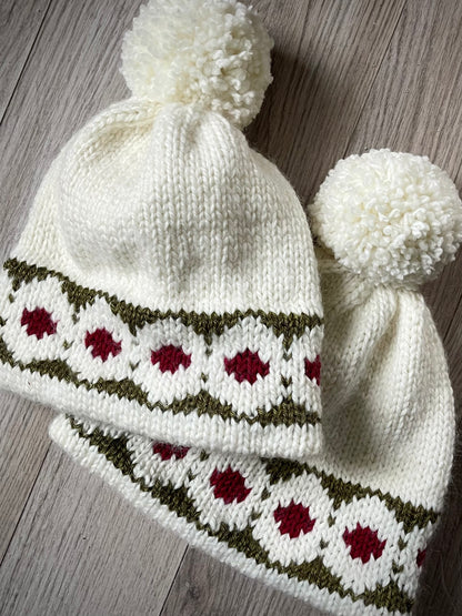 Winter Hat, White, Red & Green, Double Brim with Pom Pom