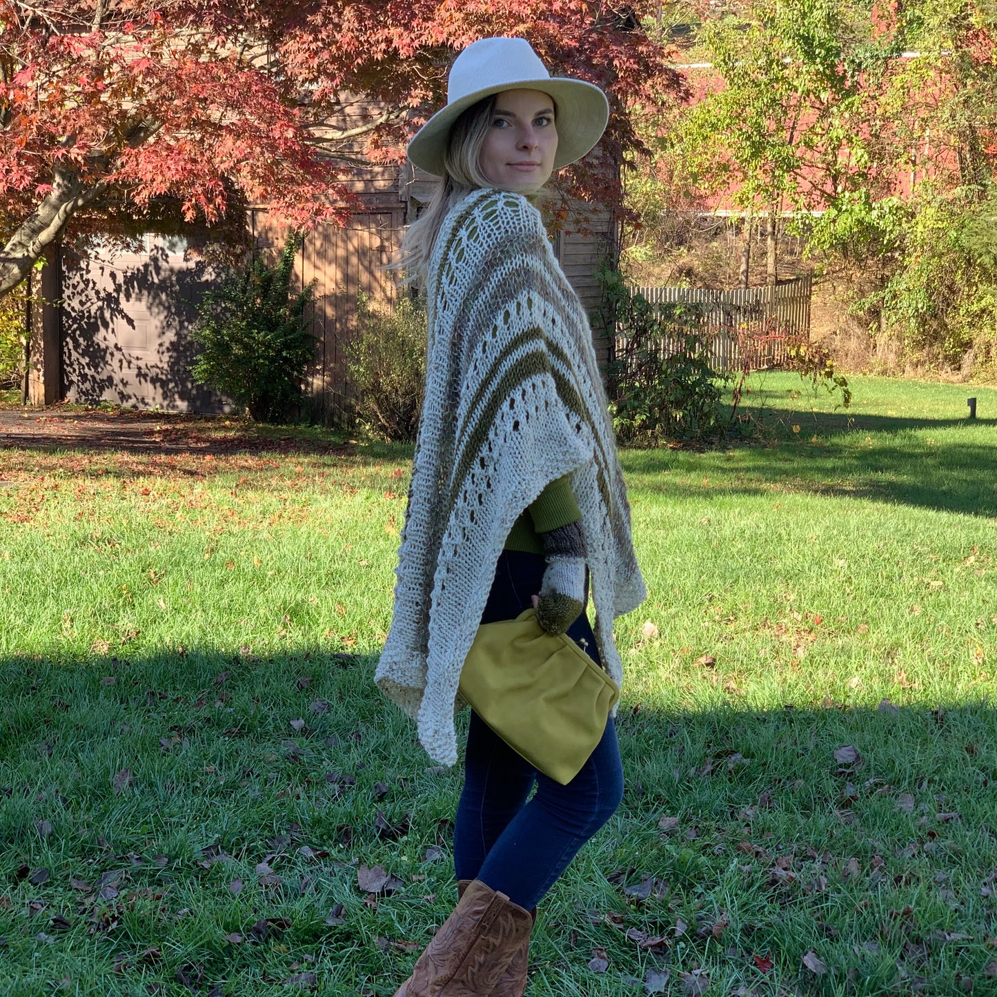 Poncho Hand Knit in Ivory Tweed & Green