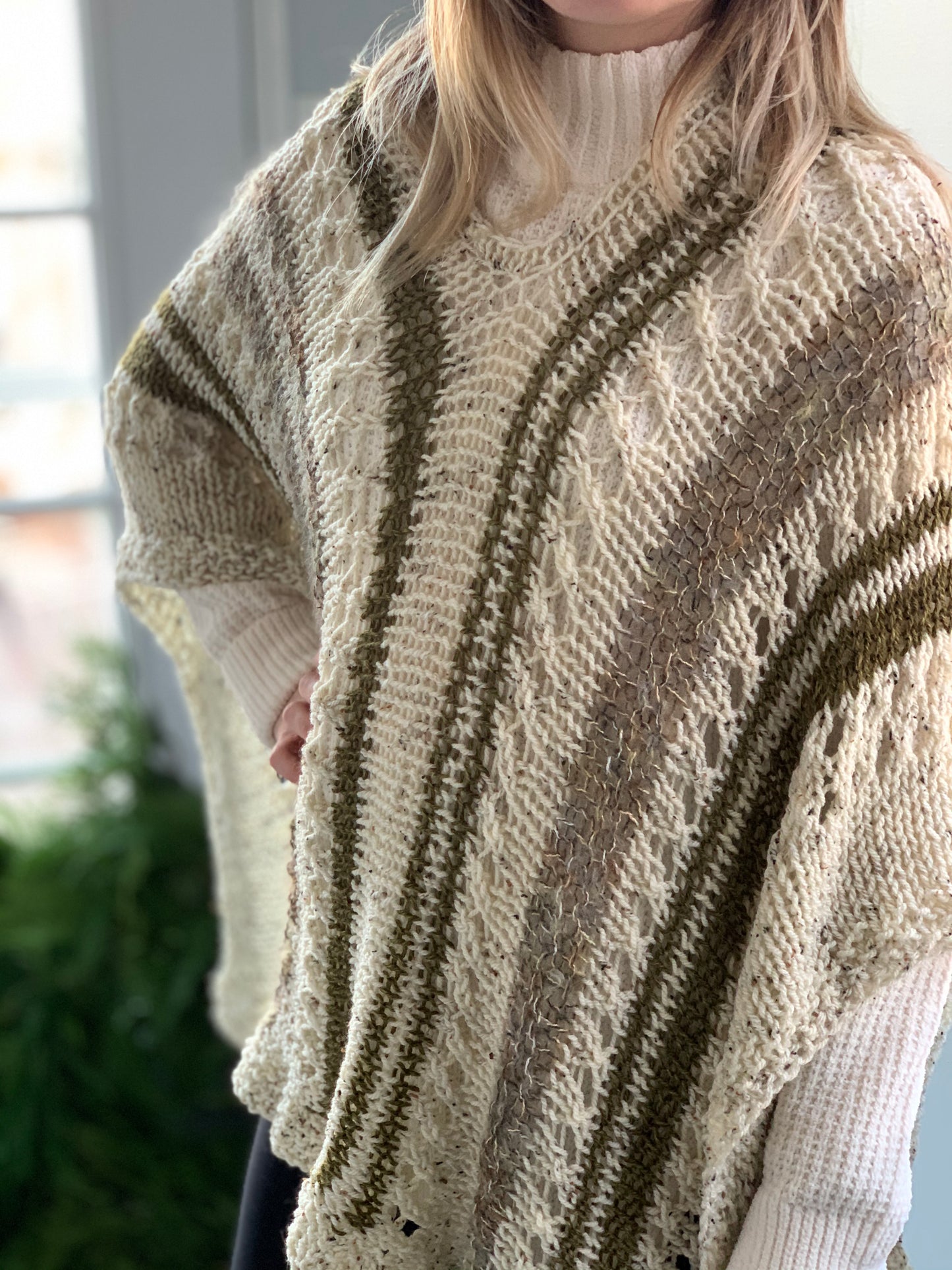 Poncho Hand Knit in Ivory Tweed & Green