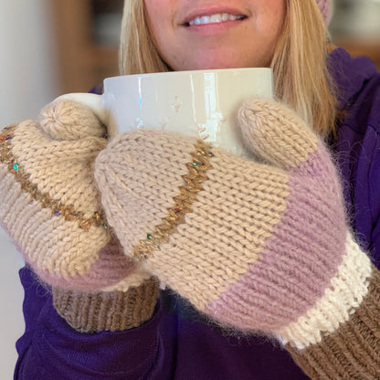 Mittens Hand Knit with Gold Metallic Accent