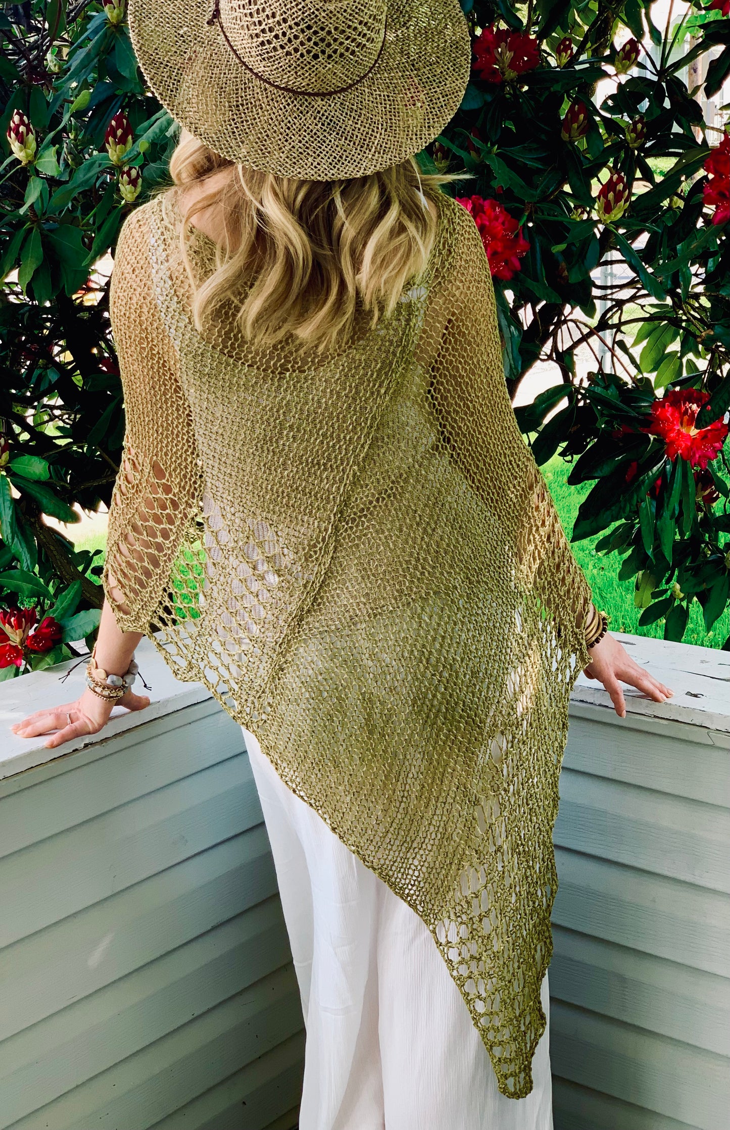 Hand Knit Linen Poncho, Shawl, Beach Cover-up