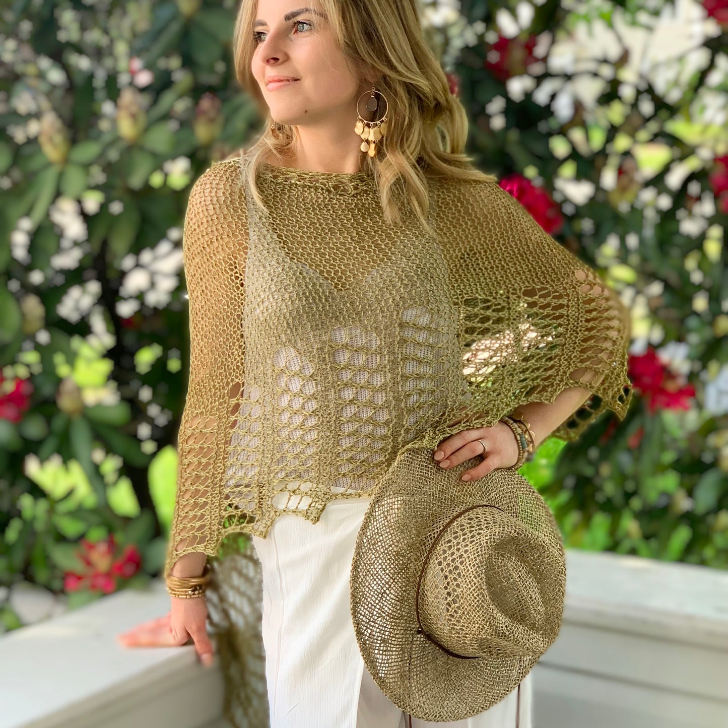 Hand Knit Linen Poncho, Shawl, Beach Cover-up