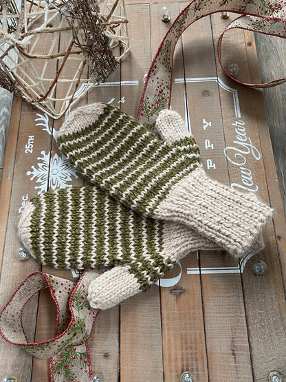 Mittens Hand Knit in Tan & Evergreen Baby Alpaca