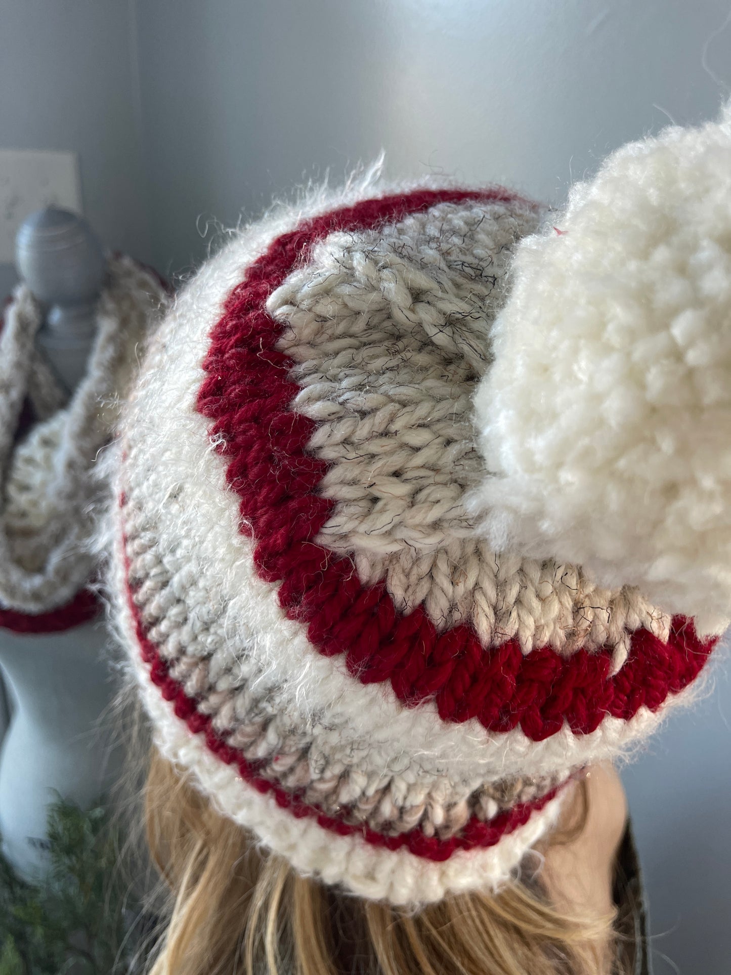 Hand Knit Winter Hat, Cranberry Red & Ivory