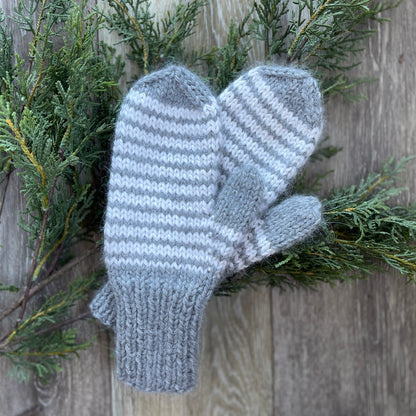 Mittens Hand Knit Gray & White Alpaca