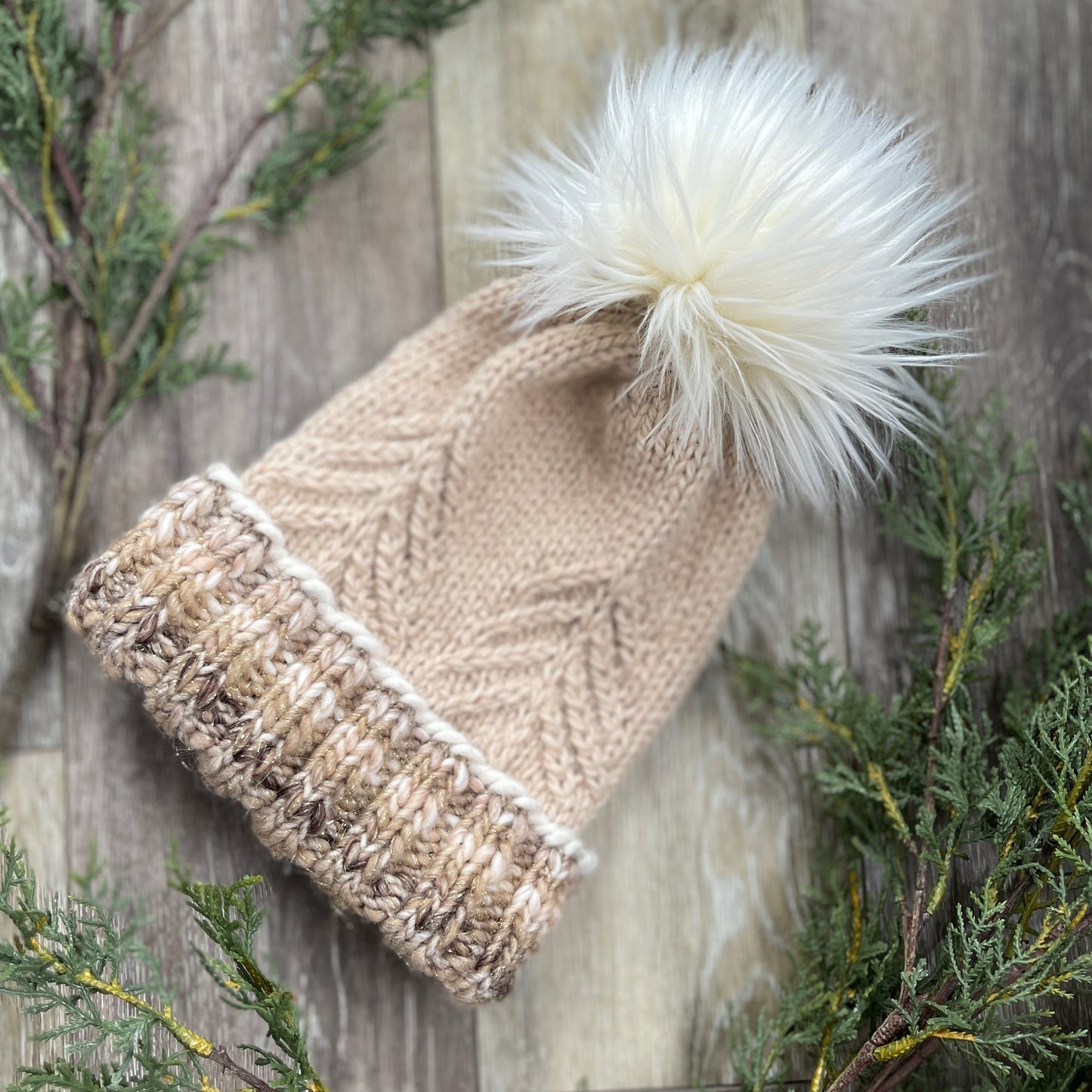 Hand Knit Winter Hat, Baby Alpaca, Tree Design with Faux Fur Pom Pom