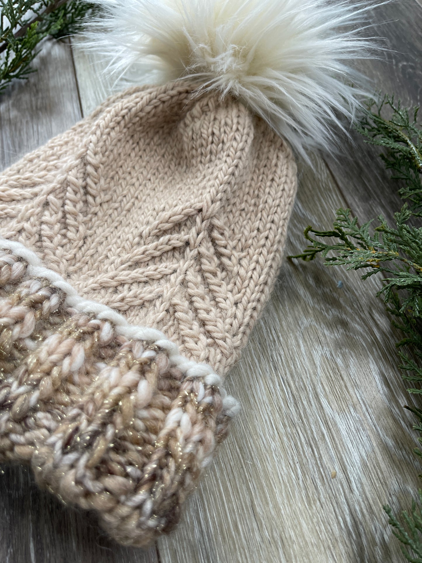 Hand Knit Winter Hat, Baby Alpaca, Tree Design with Faux Fur Pom Pom