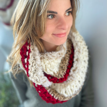 Hand Knit Winter Hat, Cranberry Red & Ivory