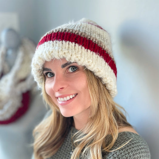 Hand Knit Winter Hat, Cranberry Red & Ivory