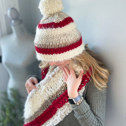 Hand Knit Winter Hat, Cranberry Red & Ivory