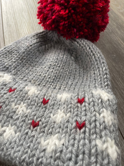 Hand Knit Winter Hat, Gray with Large Red Pom Pom