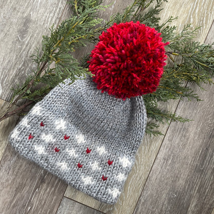 Hand Knit Winter Hat, Gray with Large Red Pom Pom