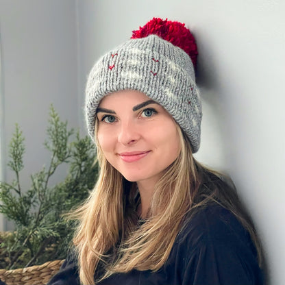 Hand Knit Winter Hat, Gray with Large Red Pom Pom