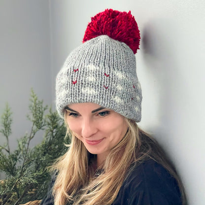 Hand Knit Winter Hat, Gray with Large Red Pom Pom