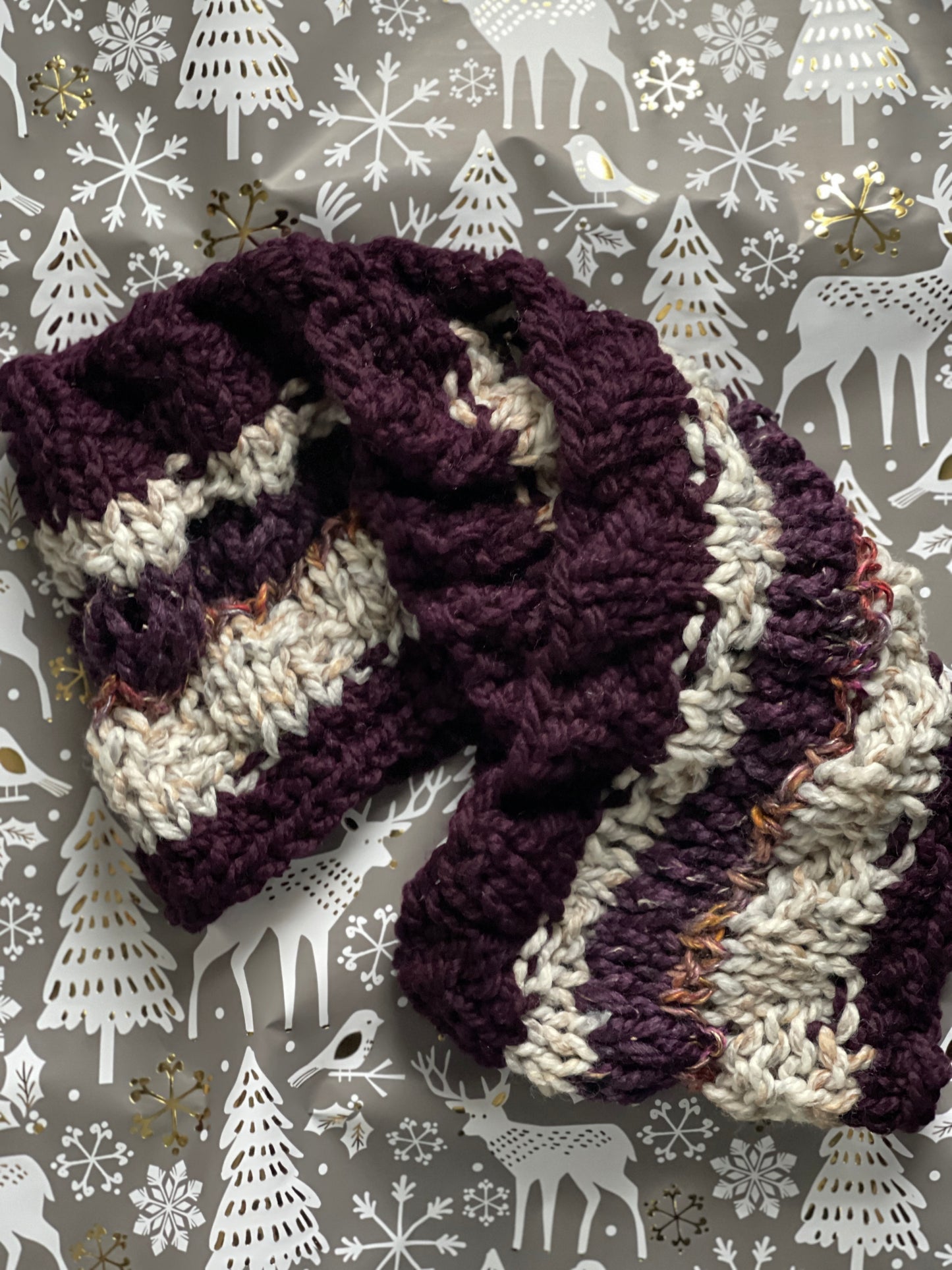 Hand Knit Winter Scarf, Purple & Ivory