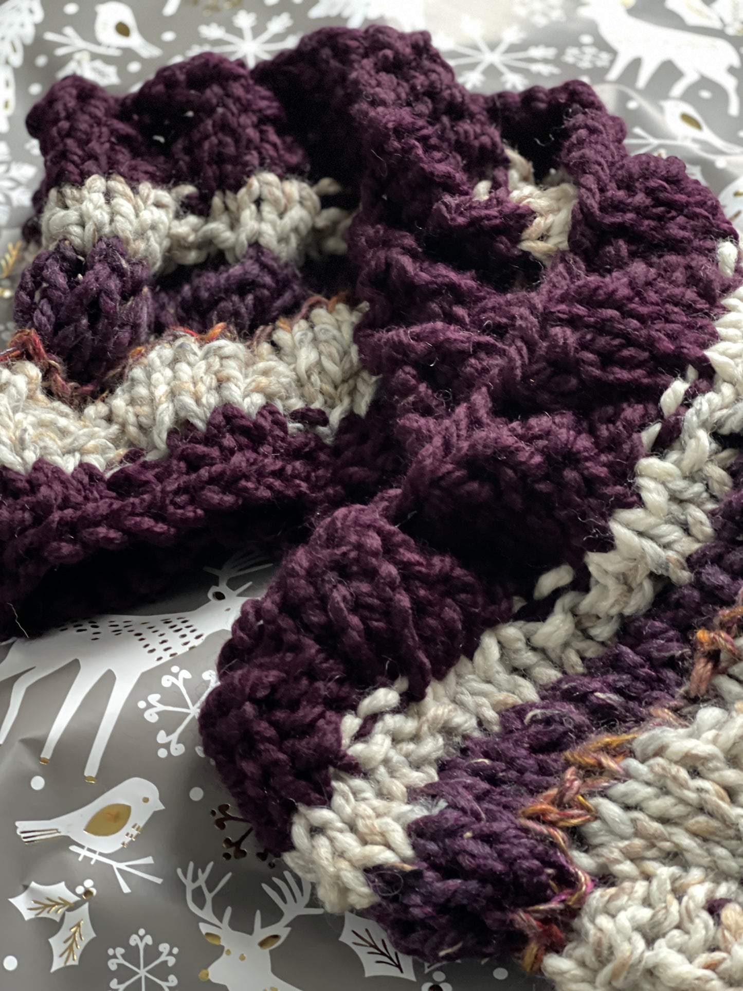 Hand Knit Winter Scarf, Purple & Ivory