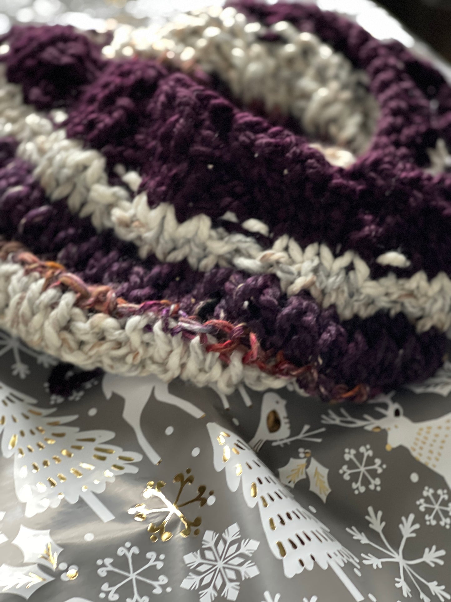 Hand Knit Winter Scarf, Purple & Ivory