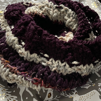 Hand Knit Winter Scarf, Purple & Ivory