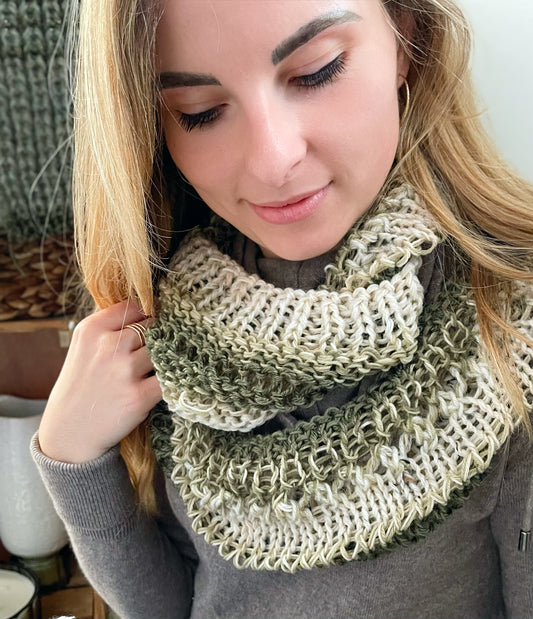 Winter Infinity Scarf Hand Knit in Evergreen & Ivory