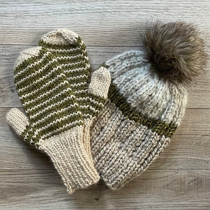 Mittens Hand Knit in Tan & Evergreen Baby Alpaca