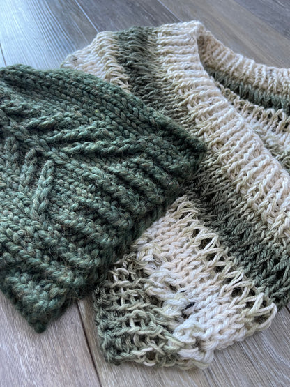 Winter Infinity Scarf Hand Knit in Evergreen & Ivory