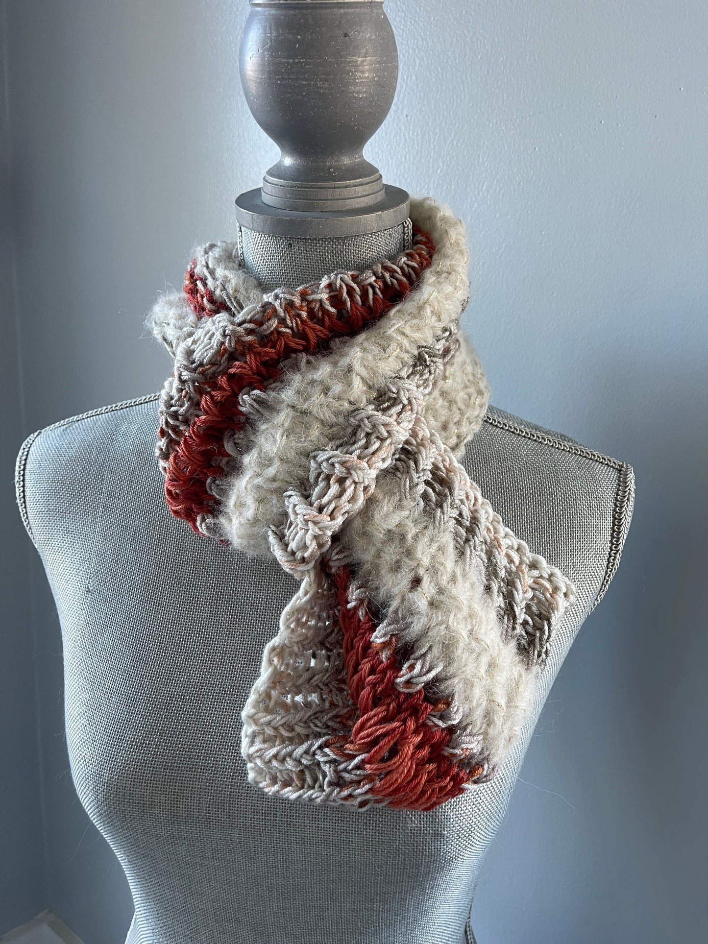 Infinity Scarf Hand Knit in Ivory & Rust