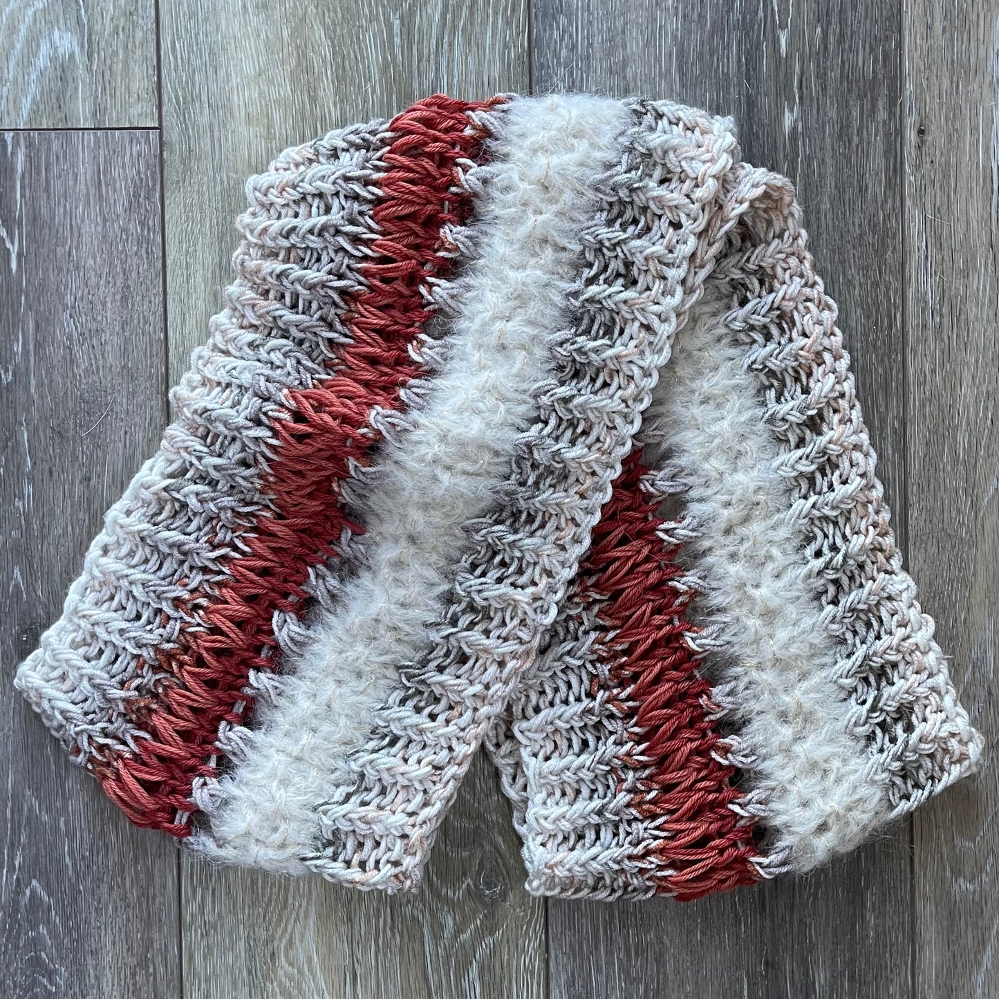 Infinity Scarf Hand Knit in Ivory & Rust